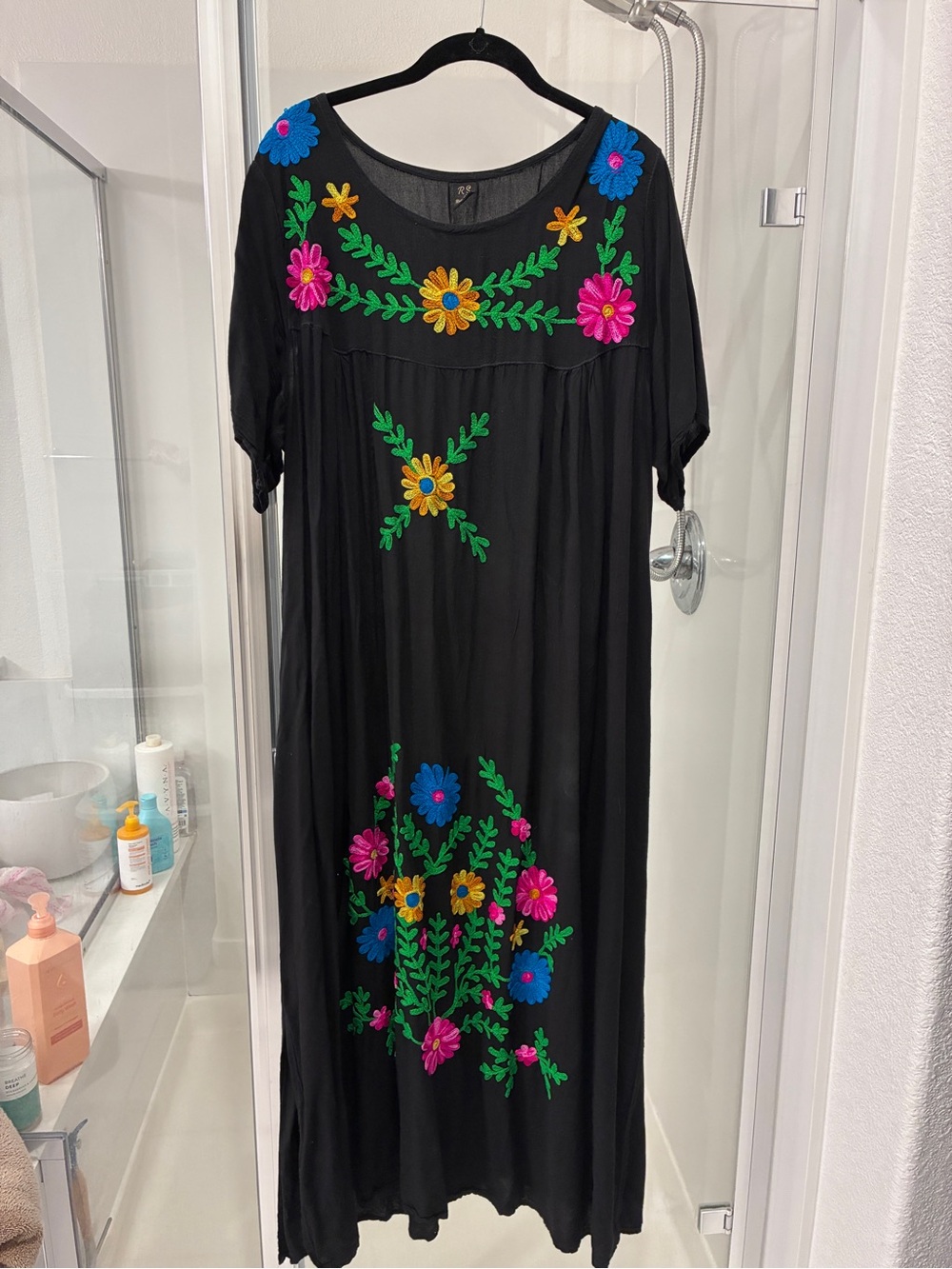 Rivieras Black Maxi Dress with Multicolor Floral Embroidery